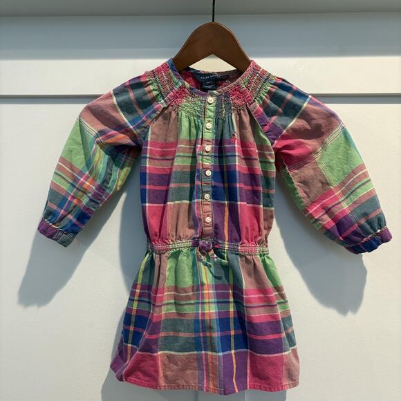 Ralph Lauren Dress Girls 2T Plaid Smocked Long Sleeve Pony Logo Madras Multi - Picture 1 of 11